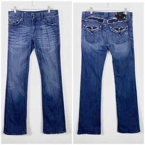 Miss Me Dark Wash Low Rise Rhinestone Embellished Flap Pocket Bootcut Jeans